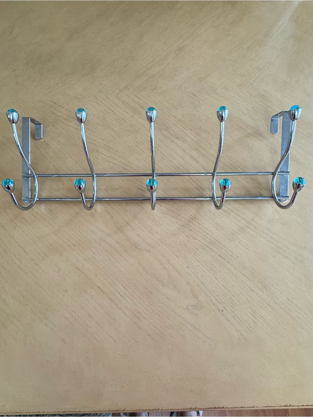 Chrome Over the Door Hook Rack with Teal Tip Accents